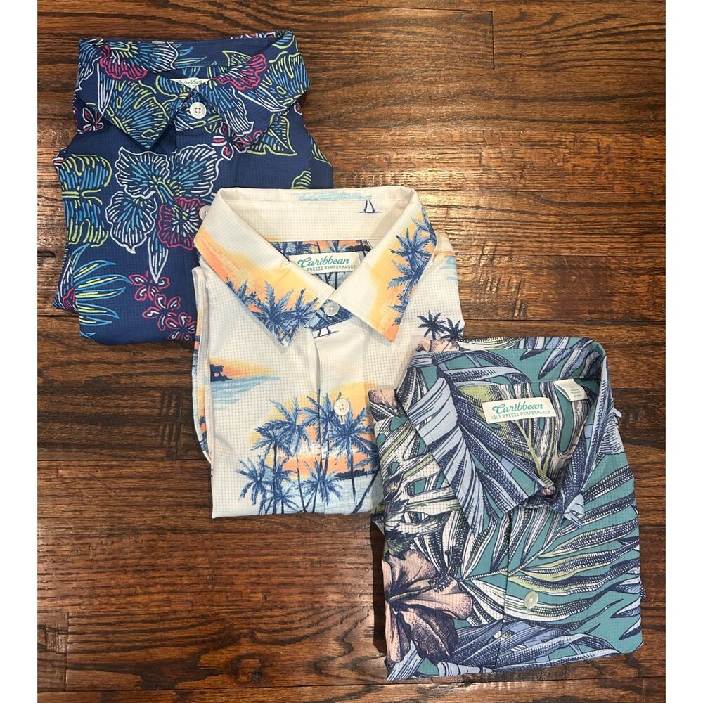 Lot of 3 Caribbean Performance Hawaiian Floral Short Sleeve Shirts Mens Large